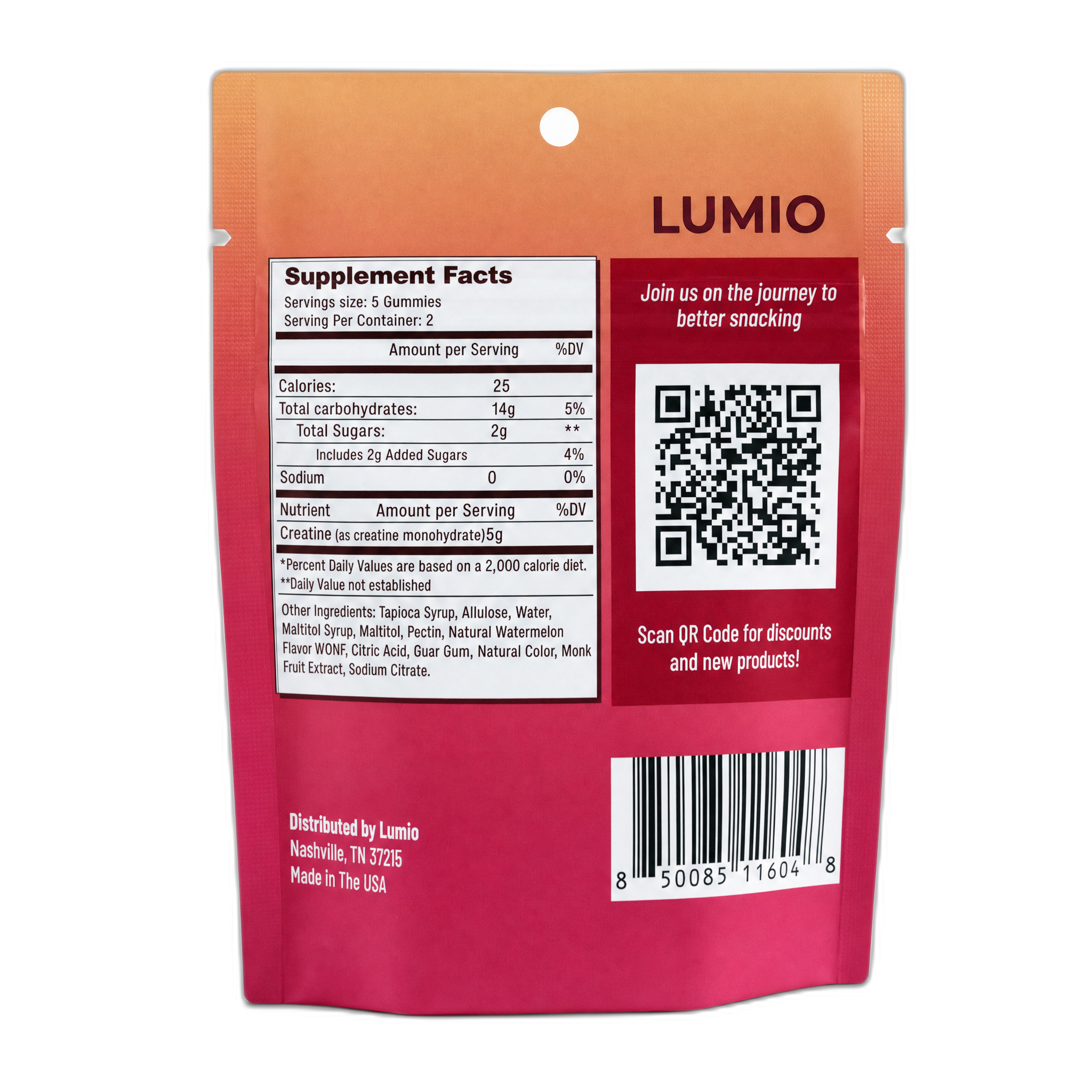 Lumio Watermelon Creatine Gummies — back of pouch with Supplement Facts