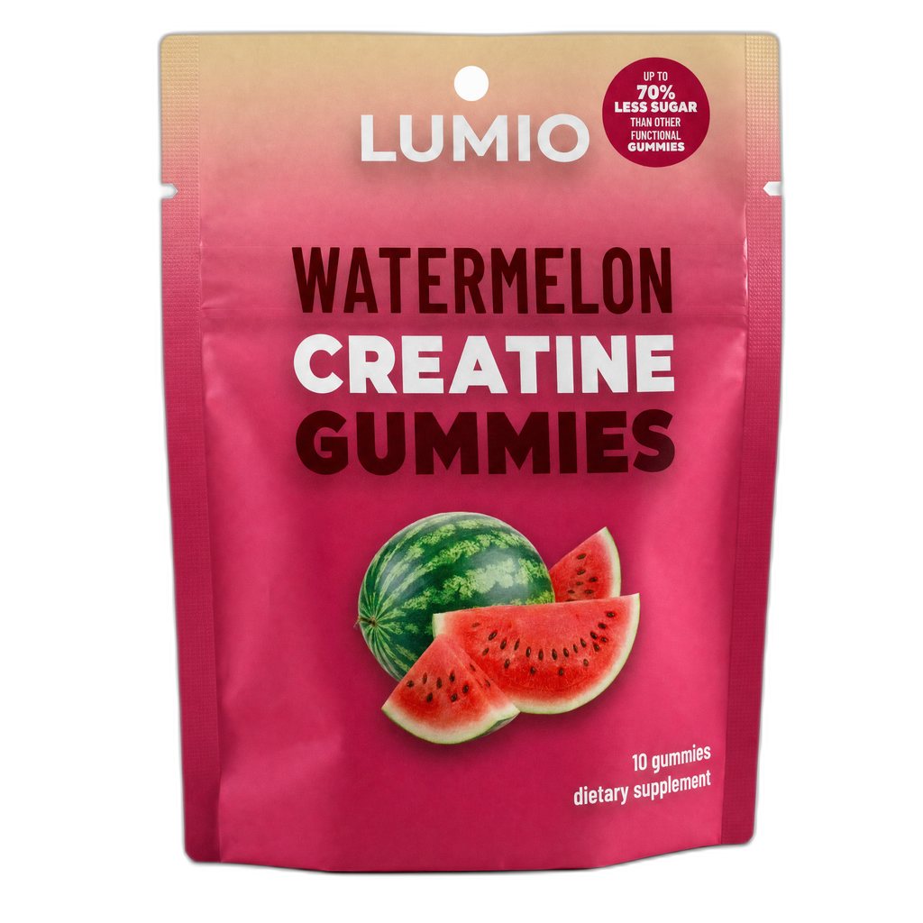 Lumio Watermelon Creatine Gummies — front of pouch, monk-fruit sweetened