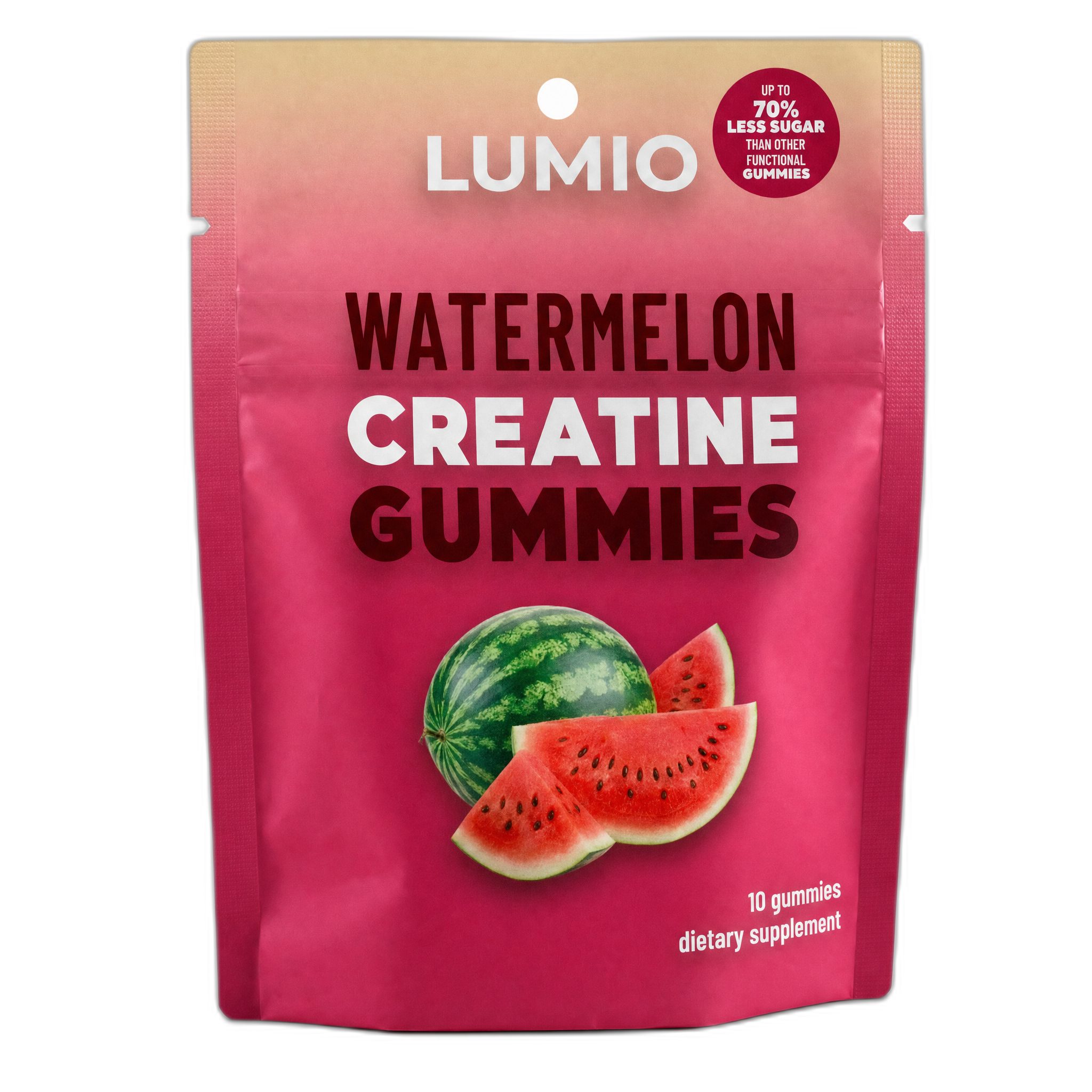 Lumio Watermelon Creatine Gummies — front of pouch, monk-fruit sweetened