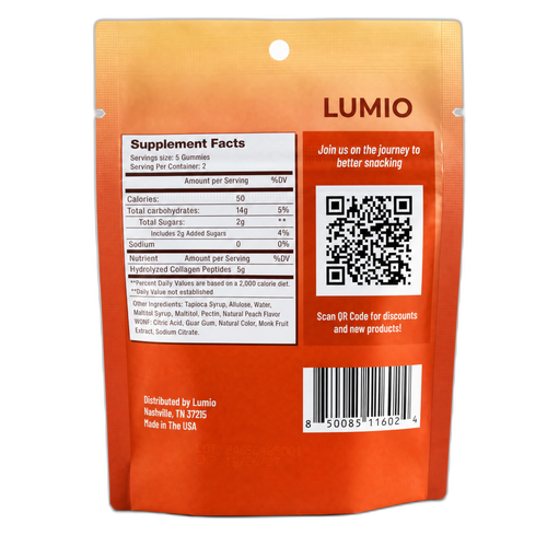 Lumio Peach Mango Protein Gummies — back of pouch with Supplement Facts