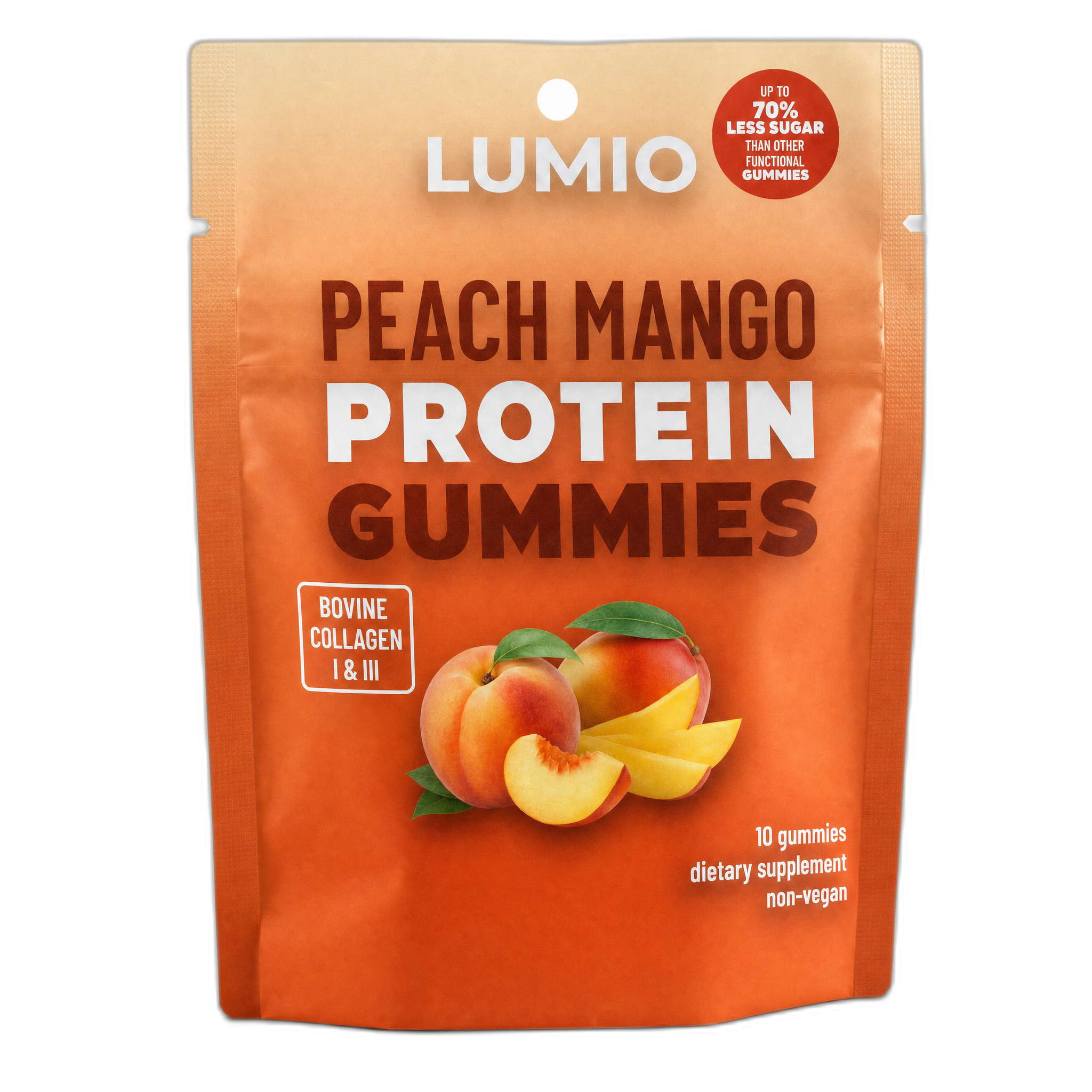 Lumio Peach Mango Protein Gummies — front of pouch, Bovine Collagen I & III