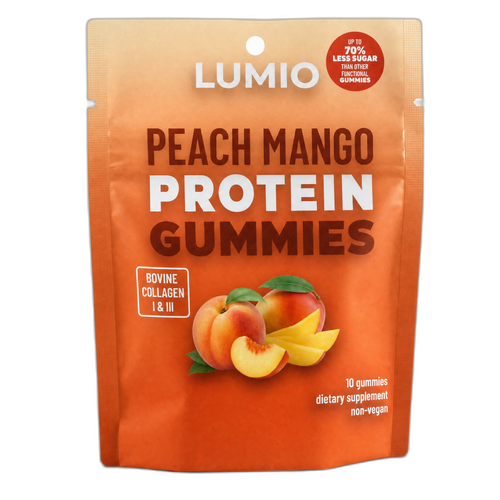 Lumio Peach Mango Protein Gummies — front of pouch, Bovine Collagen I & III
