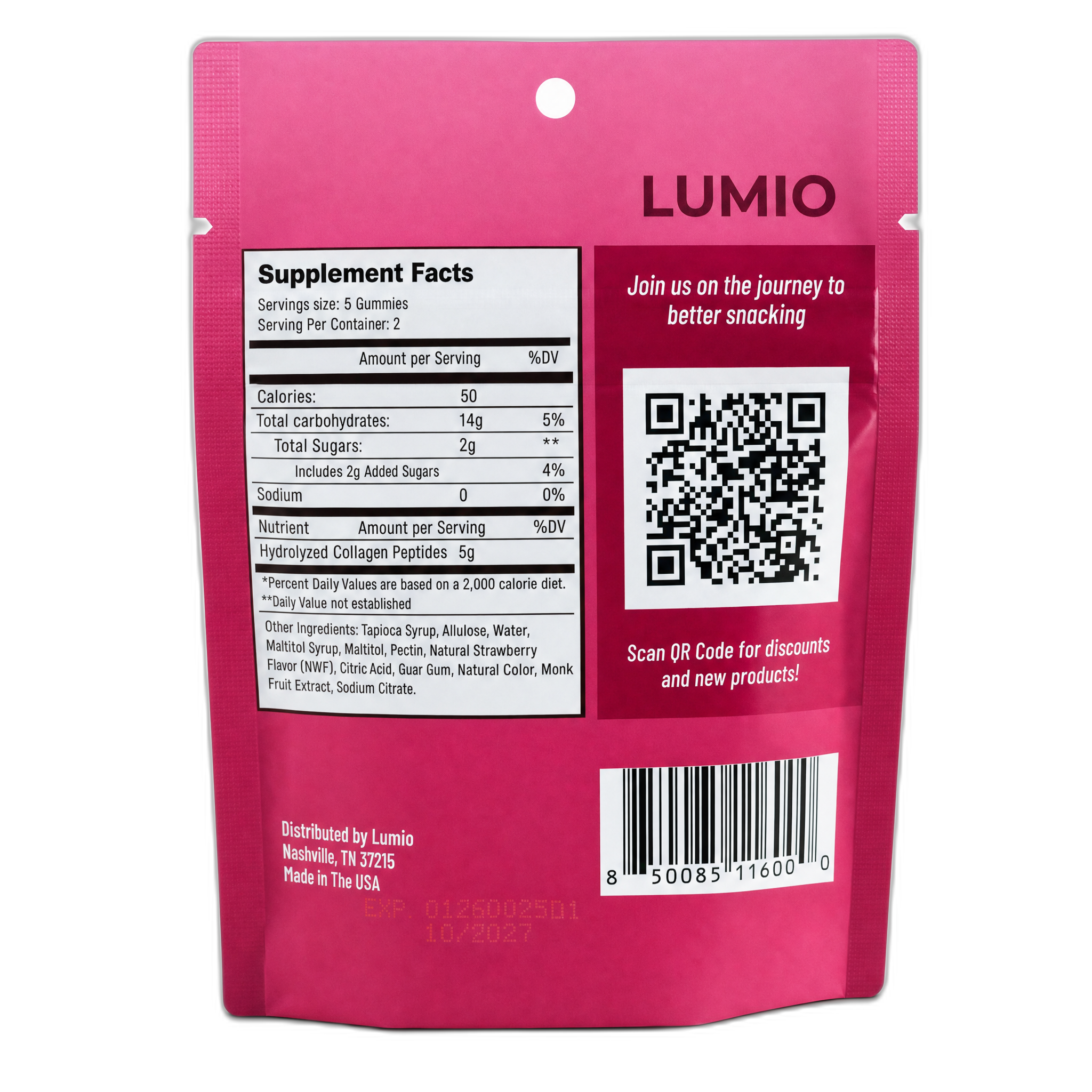 Lumio Strawberry Protein Gummies — back of pouch with Supplement Facts