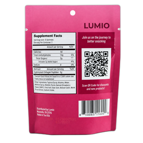 Lumio Strawberry Protein Gummies — back of pouch with Supplement Facts