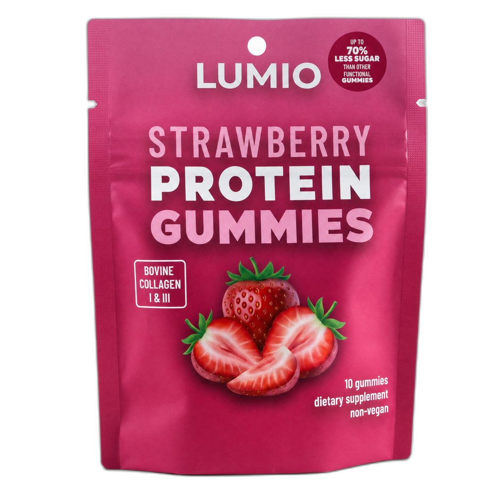 Lumio Strawberry Protein Gummies — front of pouch, Bovine Collagen I & III